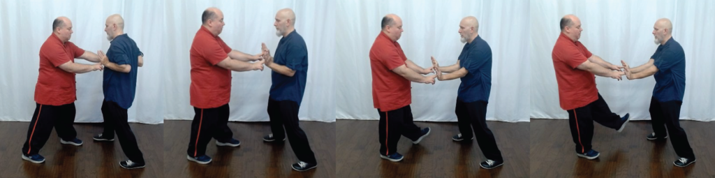 Martial arts practitioner undergoing structure testing to evaluate alignment, rooting, and force transmission under pressure.