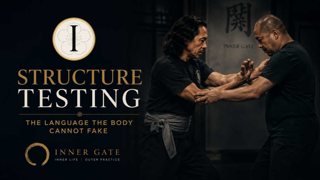 Two martial artists engaged in structure testing, demonstrating how embodiment, alignment, and internal organization are revealed through physical contact.