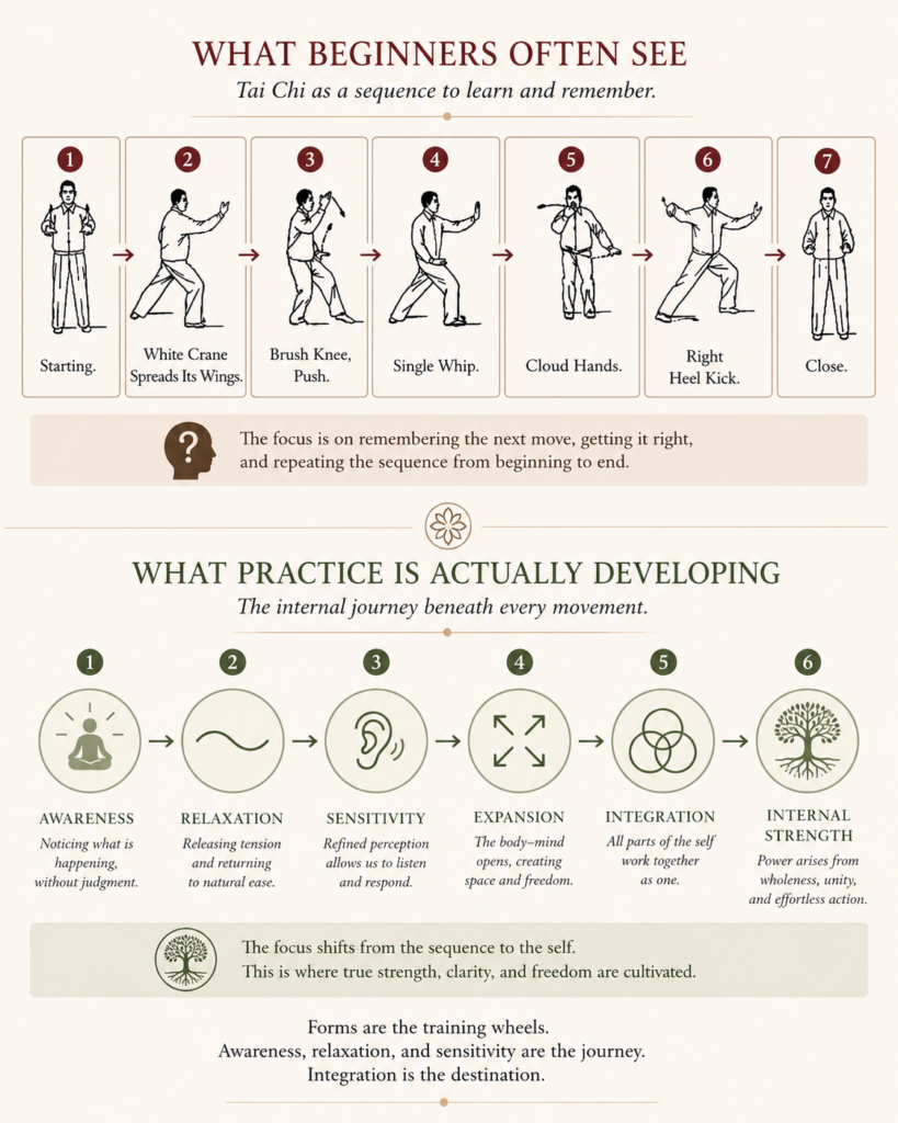 Tai Chi choreography versus internal development diagram showing the progression from learning form sequences to cultivating awareness, relaxation, sensitivity, expansion, integration, and internal strength.