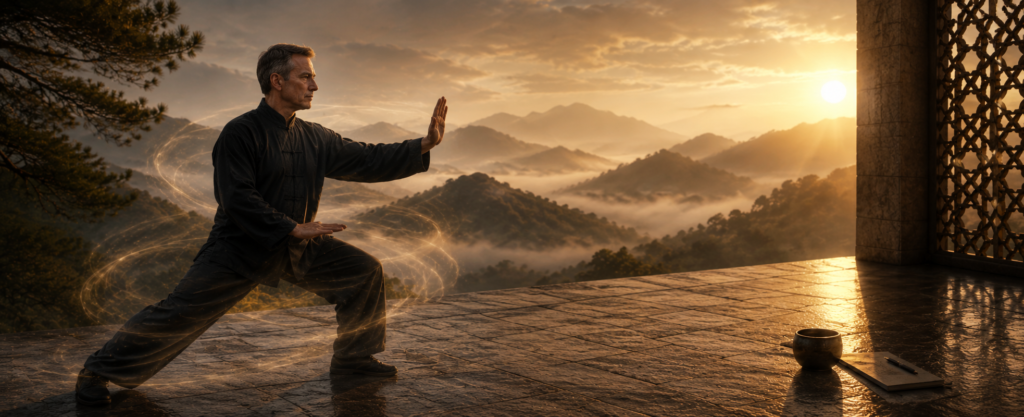 Tai Chi practitioner surrounded by flowing energy patterns symbolizing Daoist cultivation, embodied awareness, and the wisdom revealed through lifelong practice