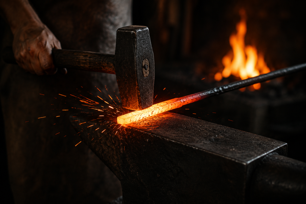 Blacksmith forging glowing steel with hammer and anvil, symbolizing transformation through challenge, refinement, and inner development.