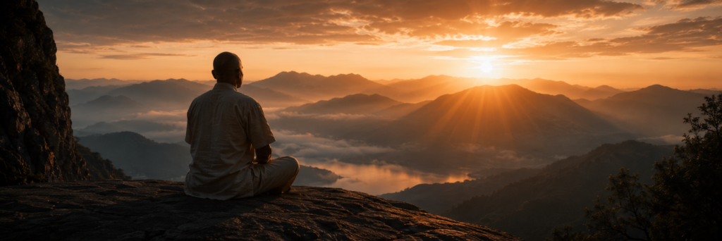 Contemplative figure overlooking a mountain sunrise, symbolizing the warrior path, inner practice, stillness, and the development of consciousness.