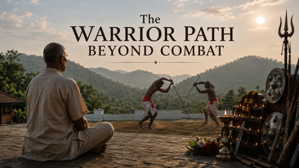 A contemplative warrior overlooking a mountain sunrise, symbolizing the integration of power, ritual, discipline, and consciousness in the warrior path.