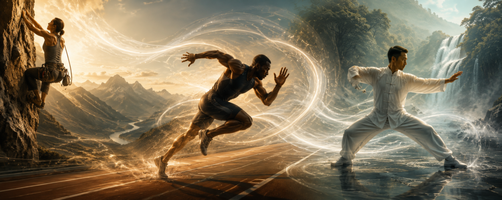 Conceptual illustration of a rock climber, sprinter, and Tai Chi practitioner expressing flow, embodied practice, and human transformation.