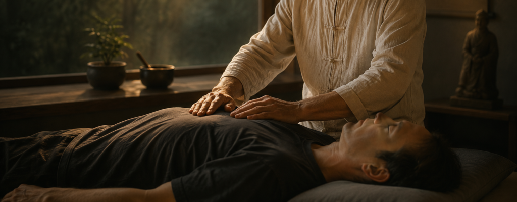 Practitioner using attentive touch and embodied awareness during a healing session, illustrating perception, presence, and therapeutic listening