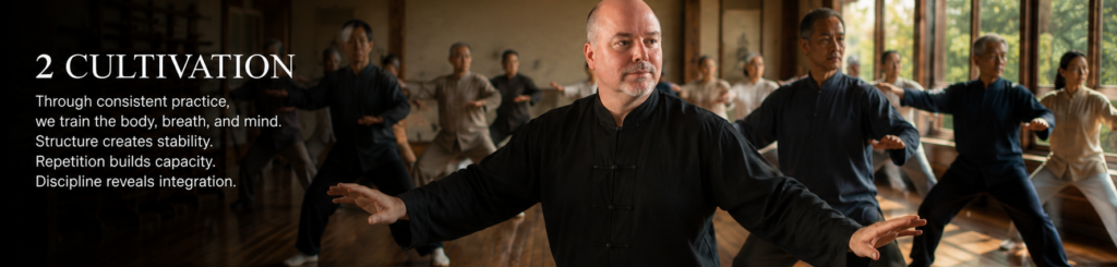 Practitioners engaged in embodied movement practice, following Mark V. Wiley., cultivating integration through coordinated movement, breath, posture, and sustained attention.