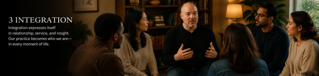 Mark V. Wiley and practitioners in conversation, illustrating embodied integration through learning, relationship, and shared inquiry.