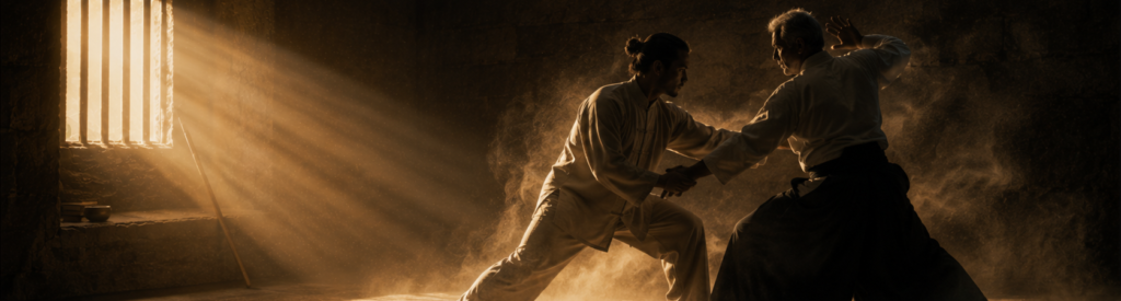 Grace under pressure illustrated through Tai Chi and Aikido practitioners maintaining embodied presence under dynamic pressure