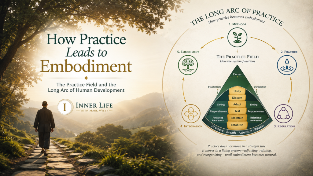 Illustration of how sustained practice leads to embodiment through the Practice Field and the Long Arc of Practice, showing the gradual development of integration, regulation, and embodied awareness.