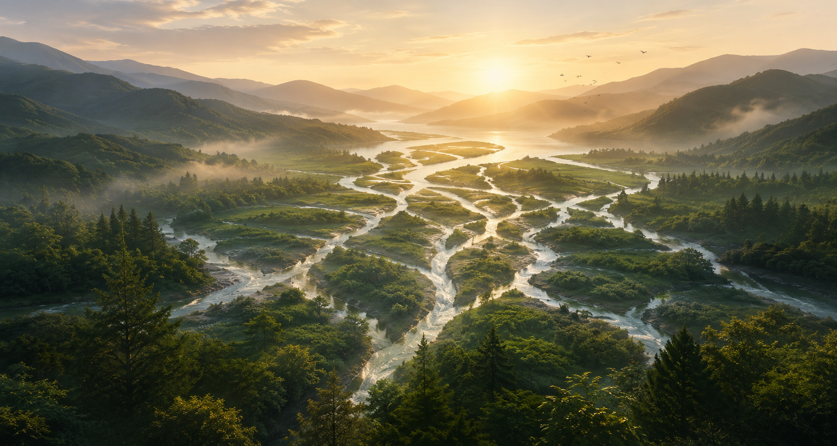 Braided rivers flowing through a living landscape, symbolizing the Inner Life Ecosystem and the integration of multiple domains of embodied practice into a coherent system of human development.