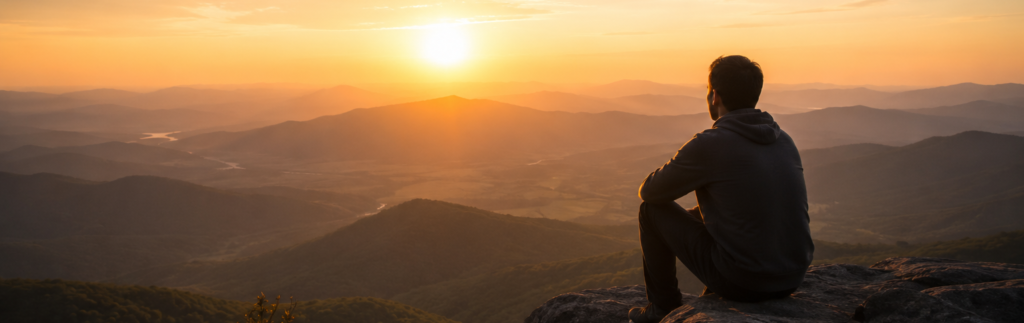 Person quietly observing a mountain sunrise, symbolizing direct experience and the journey of embodied human development explored in the Inner Life Knowledge Base.