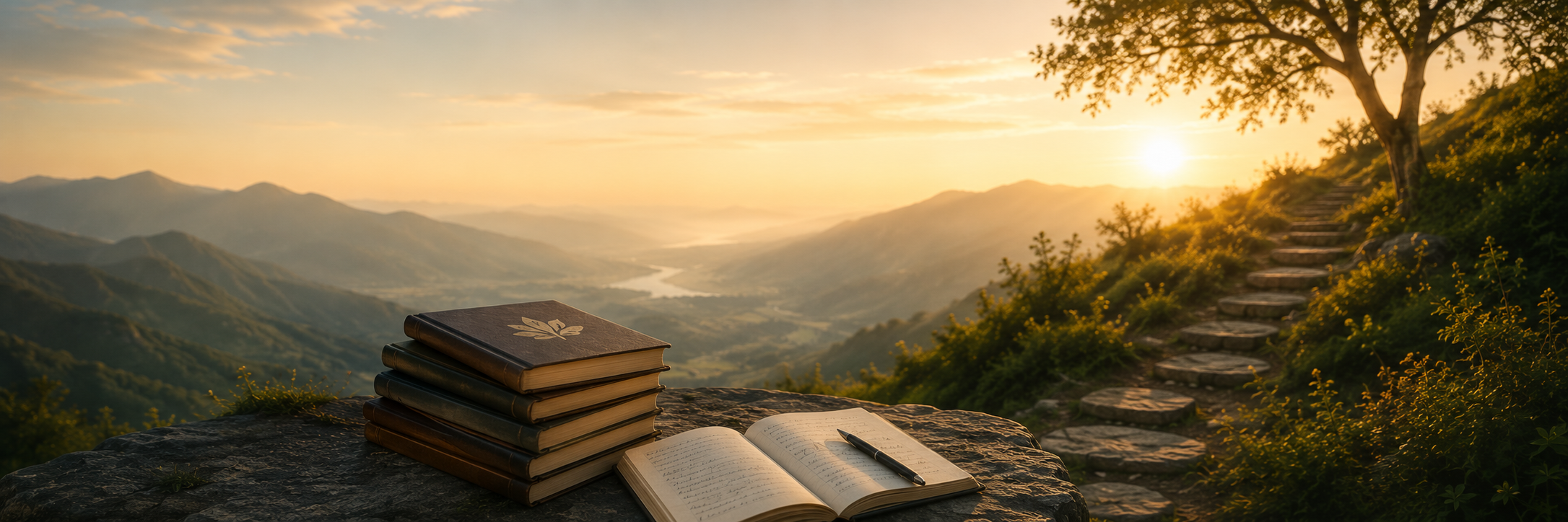 Open journal and stack of books overlooking a mountain landscape at sunrise, representing the Inner Life Knowledge Base and the exploration of embodied human development through direct experience.