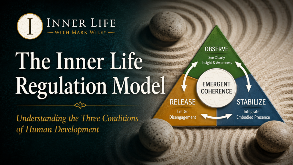 The Inner Life Regulation Model (ESD) illustrating the three conditions of human development—Excess, Stagnation, and Deficiency—and the cycle of Observe, Release, and Stabilize leading to emergent coherence.