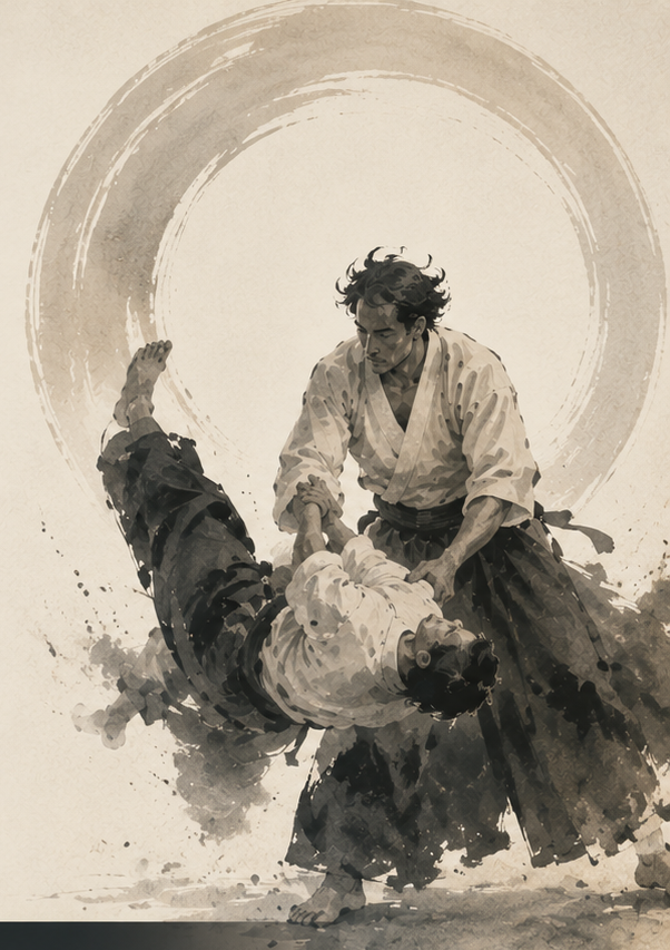Aikido practitioner demonstrating the principle of investment in loss through embodied awareness, balance, and nonresistance.