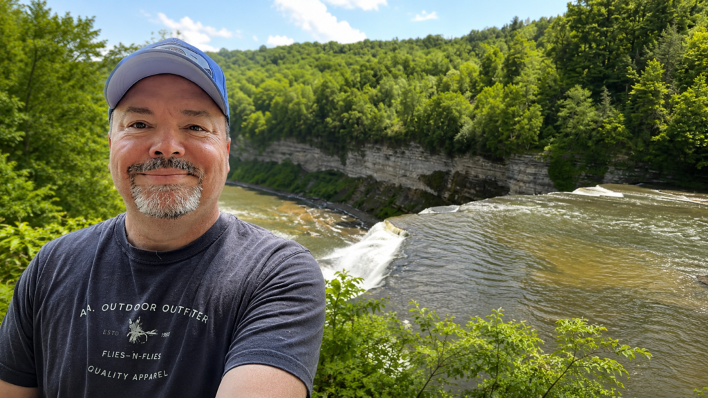 Mark V. Wiley at a waterfall in Rochester, New York, reflecting the embodied practice, presence, and lifelong learning that inform Inner Life.