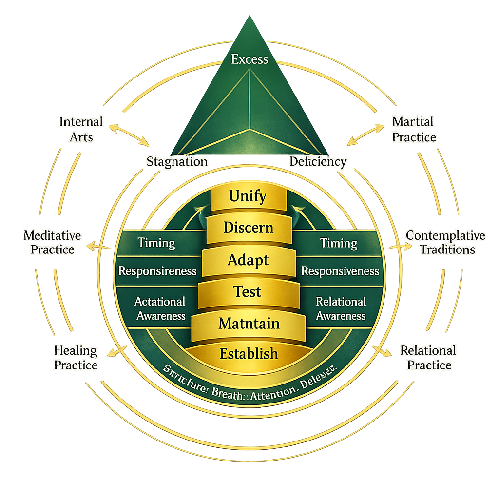 The Practice Field diagram illustrating how martial arts, contemplative, healing, relational, and meditative practices cultivate shared human capacities that develop through regulation, integration, and embodiment.