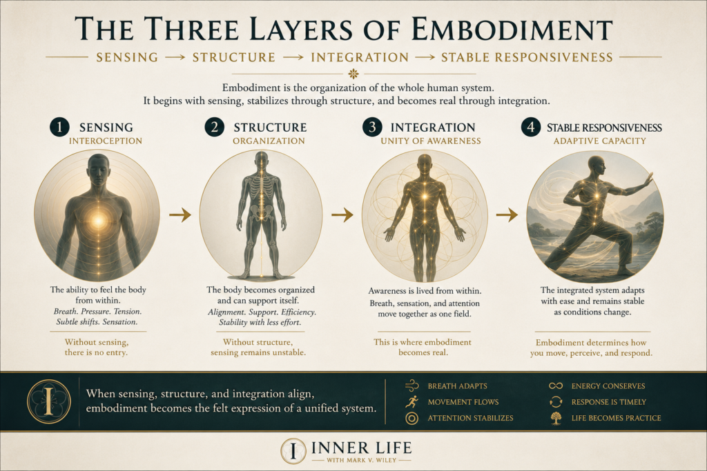 Infographic illustrating the three layers of embodiment—sensing, structure, and integration—showing how embodied awareness develops into stable responsiveness through disciplined practice.