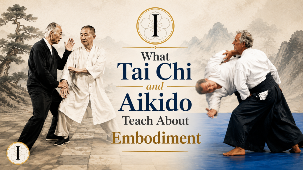 Tai Chi push hands and Aikido practice illustrating embodied awareness, integration, and the principles of embodiment in the internal martial arts.