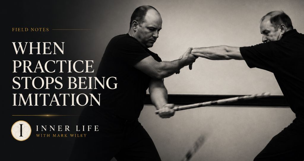 Mark V. Wiley demonstrating martial arts partner practice, illustrating the transition from imitation to embodied skill and genuine transformation in an Inner Life Field Note.