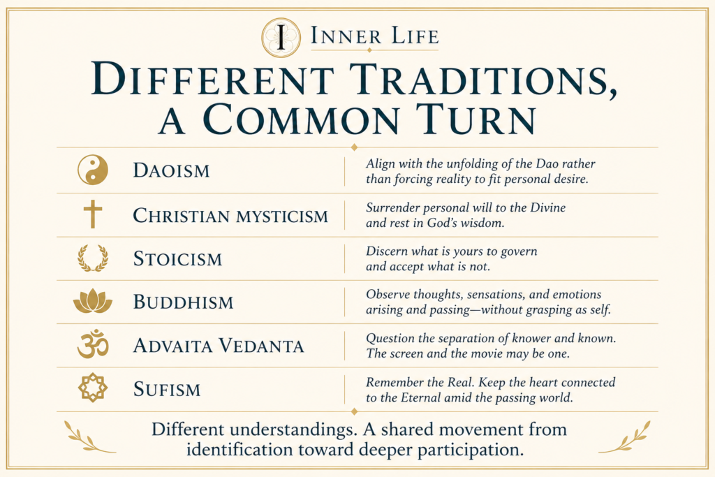 Inner Life graphic comparing Daoism, Christian mysticism, Stoicism, Buddhism, Advaita Vedanta, and Sufism as different approaches to witnessing awareness and deeper participation.