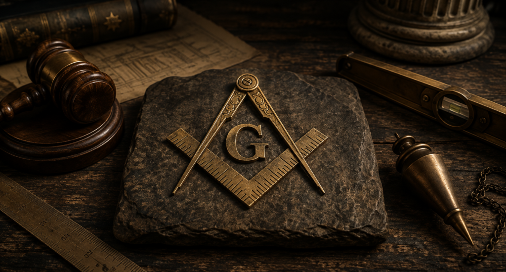 Masonic square and compasses surrounded by traditional tools representing Freemasonry and inner work, and personal transformation.