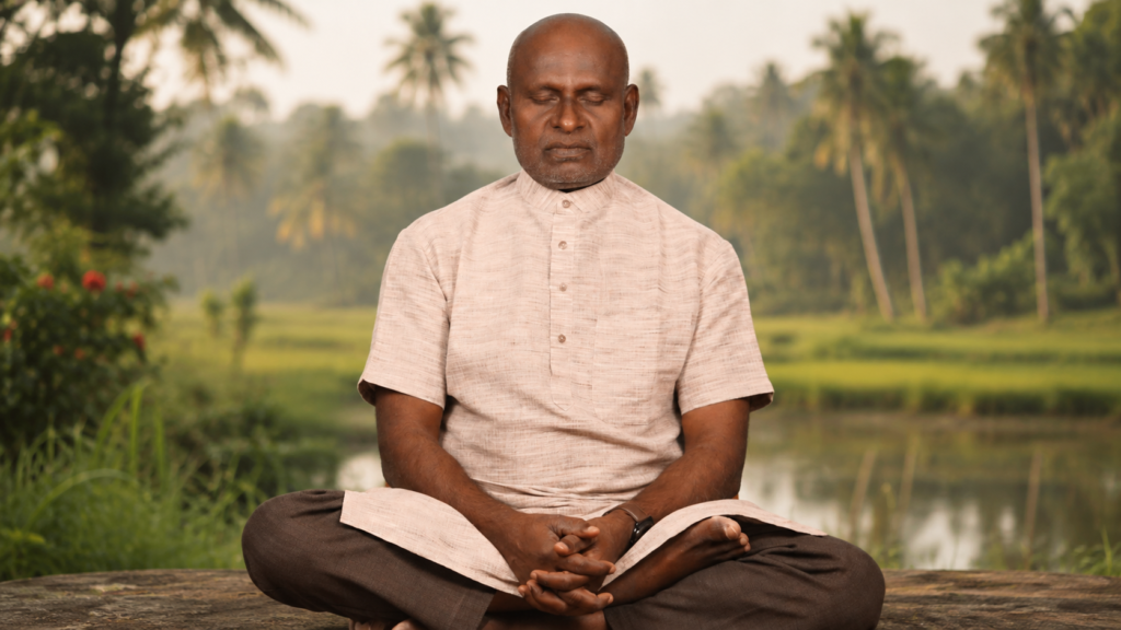 Guru Yogi Shivan in meditation, reflecting the inner cultivation practices associated with Ayurveda and Siddha medicine.