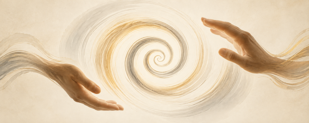Hands framing a tightening spiral, representing movement refinement from large external movement toward subtle, integrated expression.