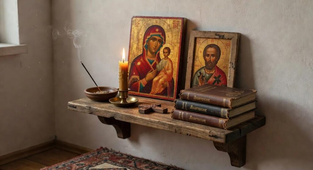 Orthodox prayer space with icons, candle, incense, cross, and prayer books