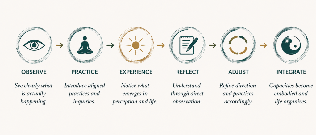 Private Inner Life Guidance cycle showing six stages: Observe, Practice, Experience, Reflect, Adjust, and Integrate.