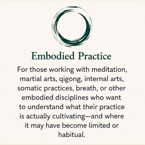 Embodied Practice guidance for meditation, martial arts, qigong, breath, somatic practice, and internal arts.