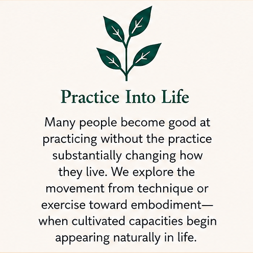 Practice Into Life guidance for moving from formal practice toward embodied capacities expressed naturally in daily life.