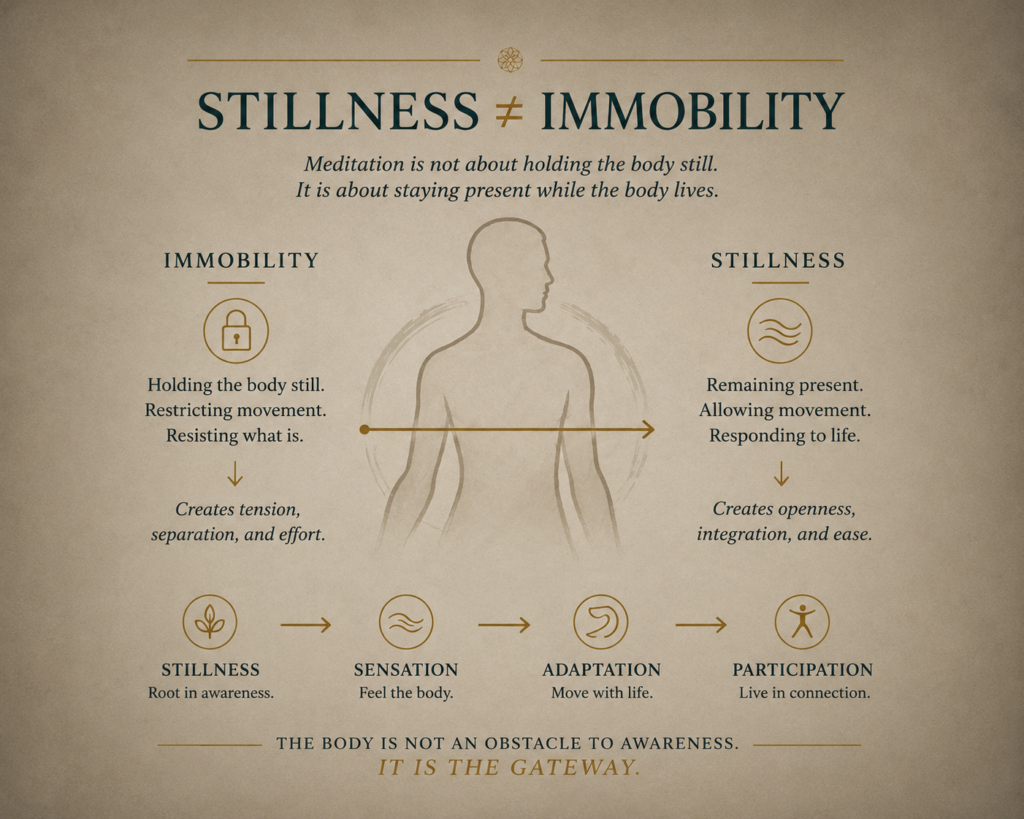 Stillness versus immobility graphic showing meditation as presence, sensation, adaptation, and participation rather than holding the body rigidly still.