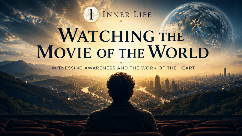 A solitary figure watching a luminous cinema screen, representing witnessing awareness and our relationship to the unfolding world.