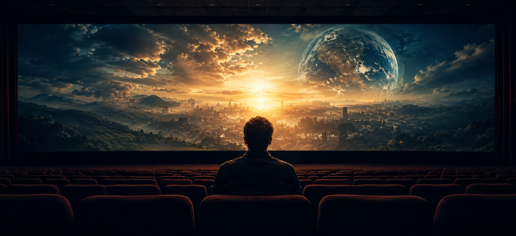 A solitary person watching the world unfold on a cinema screen, representing witnessing awareness and our relationship to experience.