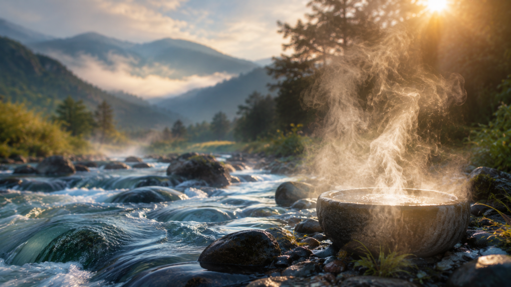 Flowing stream and rising steam symbolizing the movement and transformation of qi in qigong practice.