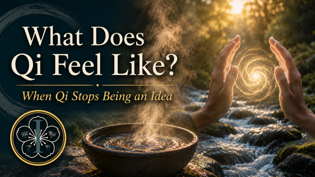 Conceptual image of qi as rising steam, flowing water, and energy between the hands, illustrating how qi becomes a felt experience through qigong practice.
