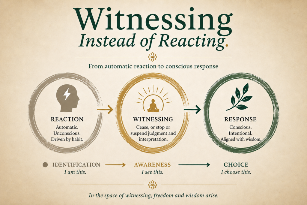 Inner Life graphic illustrating the movement from automatic reaction through witnessing and awareness toward conscious response and choice.