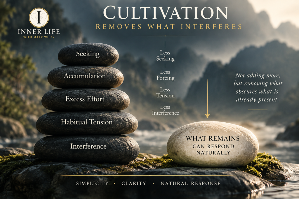Inner Life graphic illustrating Deng Ming-Dao’s view of Taoist cultivation as reducing seeking, forcing, tension, and interference so natural response can emerge.