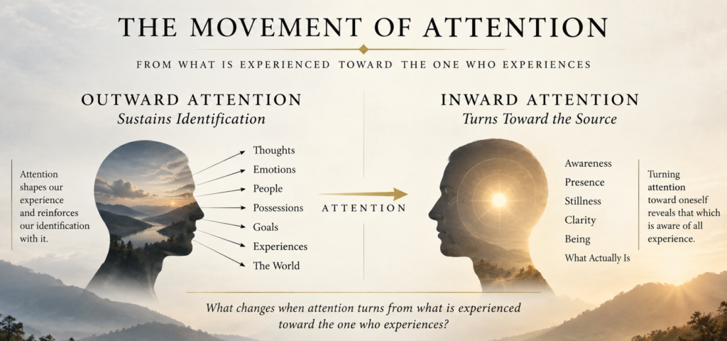 Inner Life graphic illustrating the movement of attention from outward focus on thoughts, emotions, people, goals, and experiences toward inward attention, awareness, presence, and stillness.