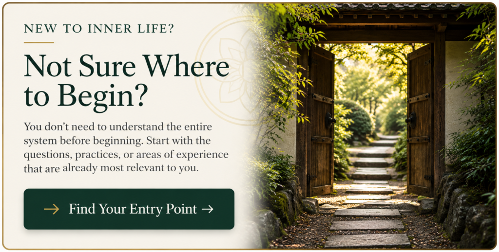 Open garden gate and path inviting new visitors to find their entry point into Inner Life.