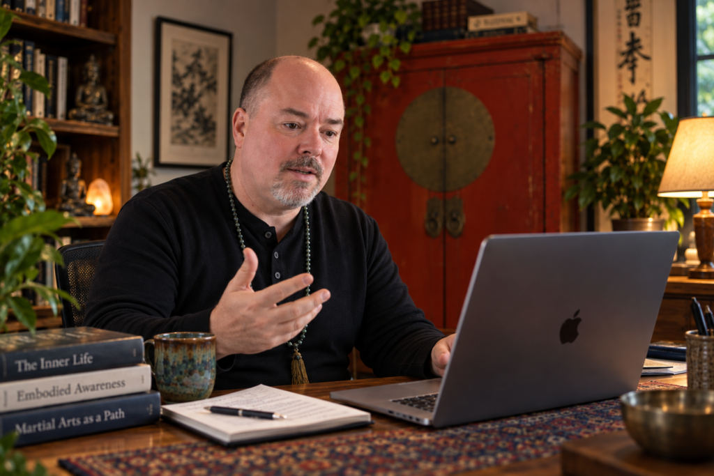 Mark Wiley speaking with a client during an online Private Inner Life Guidance session from his home study.
