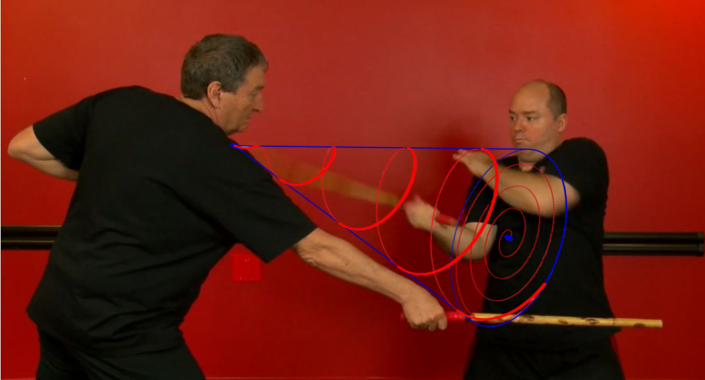 Mark Wiley striking an opponent with an Eskrima stick using a tight circular movement.