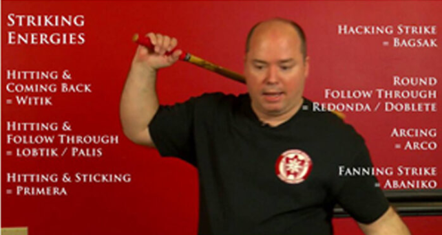 Mark Wiley holding an Eskrima stick high over his shoulder in preparation for a wide circular strike.
