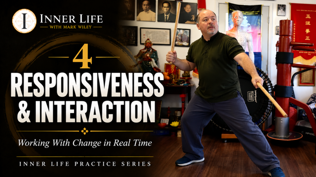 Mark Wiley practicing with two sticks in Inner Life Practice 4, Responsiveness & Interaction.