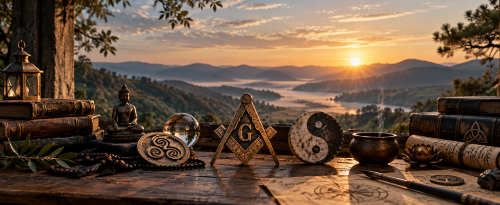 Symbolic practice represented through Masonic, Buddhist, Daoist, and contemplative symbols associated with practice and embodied transformation.
