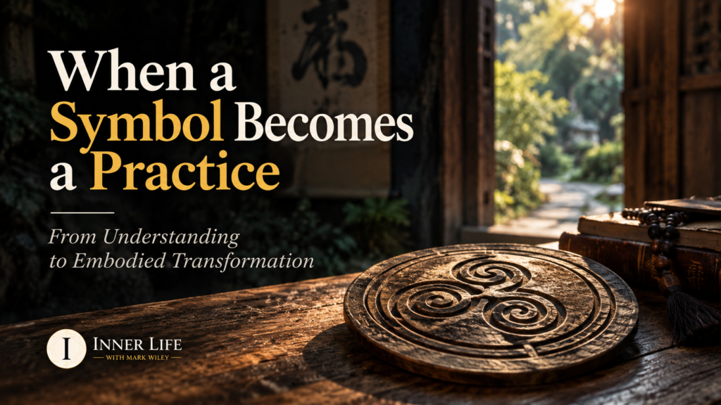 Symbolic practice illustrated by a carved symbol representing the movement from understanding to embodied transformation.