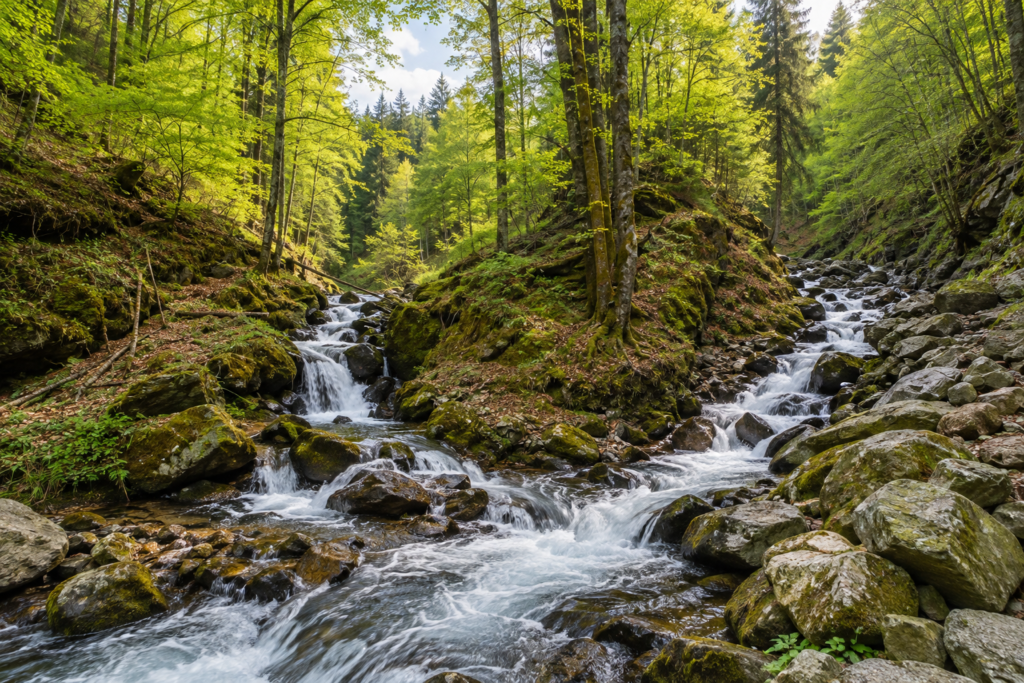 Two forest streams converging among rocks, symbolizing different practices leading toward shared principles of Taoist cultivation.