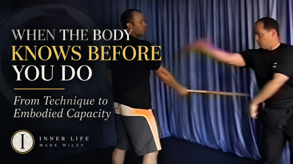Mark Wiley demonstrating Eskrima under pressure, illustrating the shift from martial arts technique to embodied capacity.