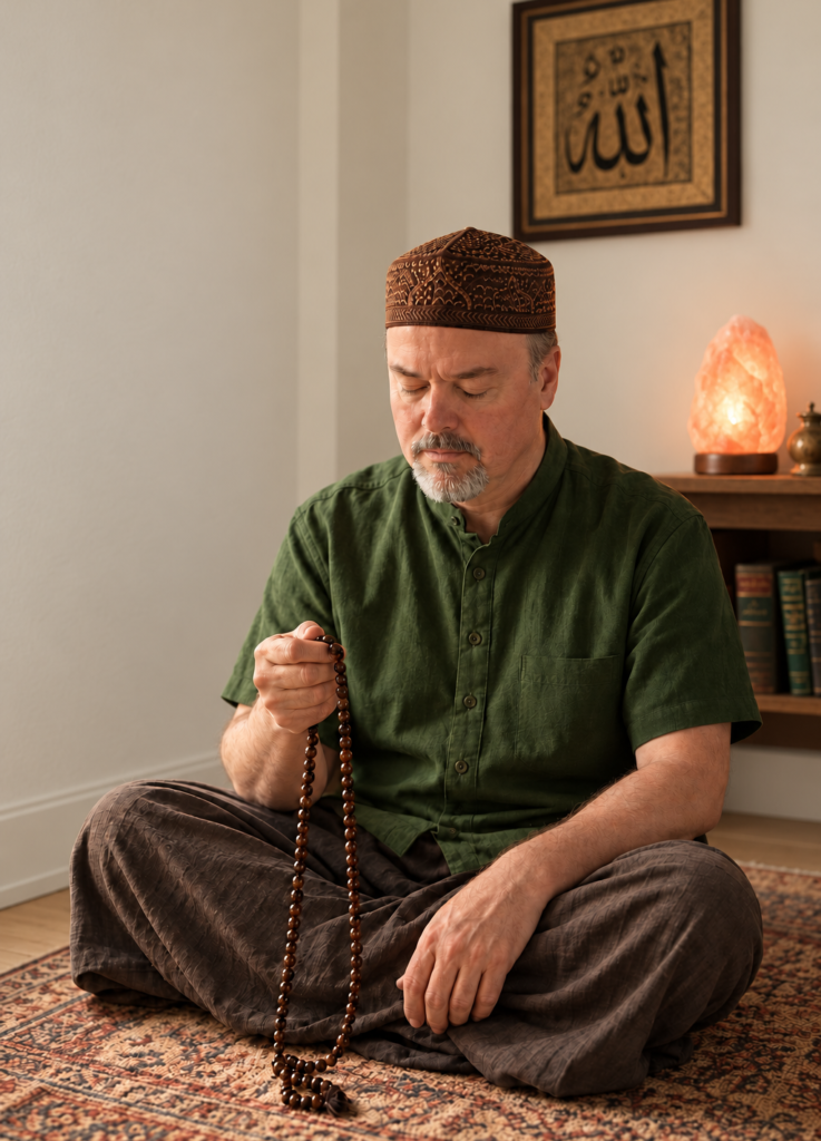Mark V. Wiley sits in Sufi dhikr meditation holding tesbi.