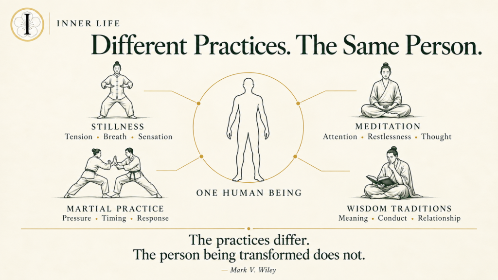 Inner Life diagram connecting stillness, martial practice, meditation, and wisdom traditions to one central human figure, illustrating their shared role in embodied development.